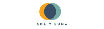 Logo with overlapping orange and teal circles creating a dark central area. Below, text reads "Sol y Luna.