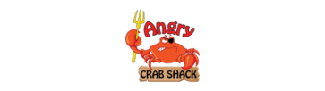 Logo of "Angry Crab Shack" featuring a cartoon crab holding a trident above a wooden sign.