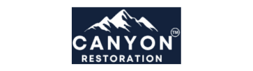 Logo with white mountain silhouette above the text "Canyon Restoration" on a dark blue background.