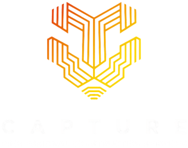 Logo featuring geometric lines forming a stylized emblem in orange and yellow gradient with the text "Capture Professional Construction Services" below.